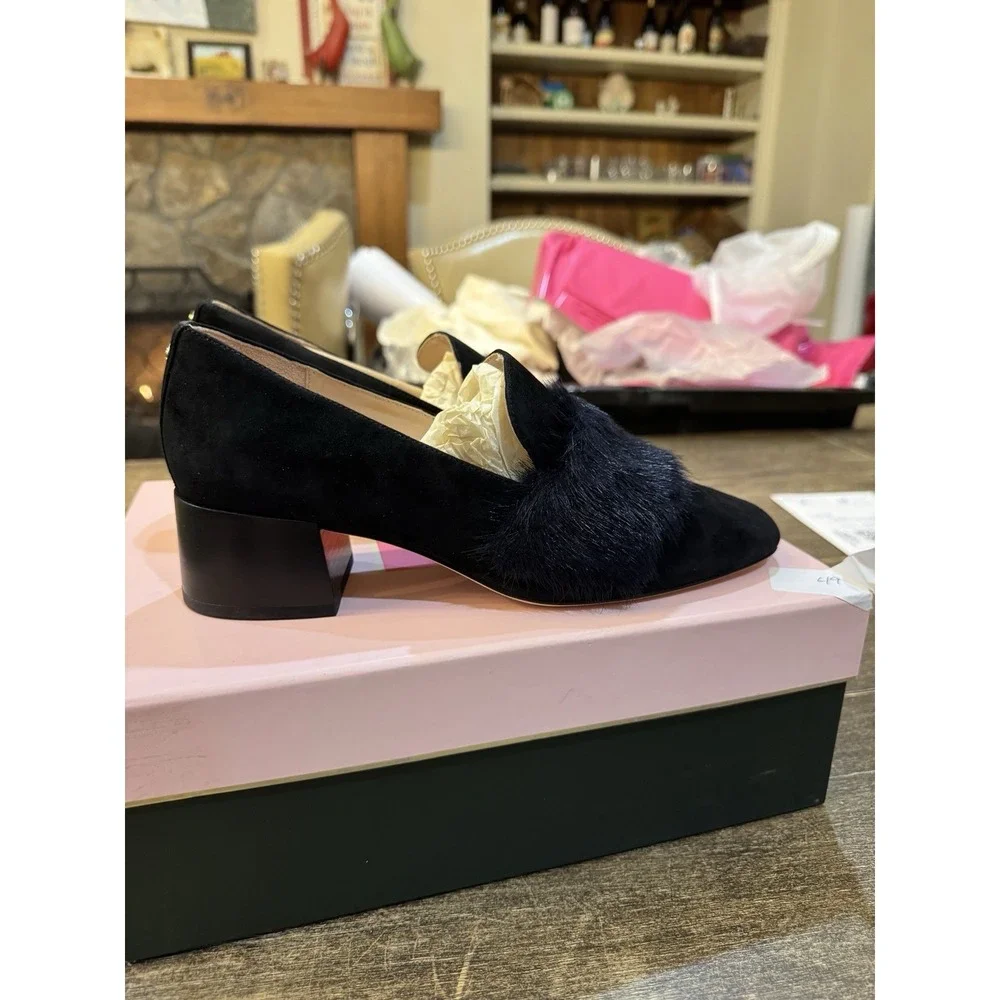 Kate Spade Gama loafers in‎ black suede with a faux fur trim Block Heel Size 8.5